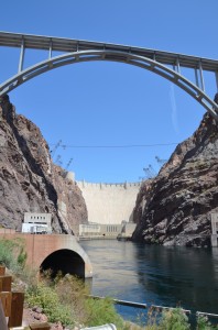 View of Hoover Dam and bypass from a raft.