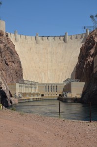 View of Hoover Dam from the bank of the Colorado River.