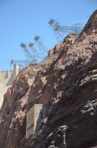 View of Hoover Dam electric towers from a raft.