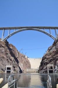 View of Hoover Dam and bypass from water level.