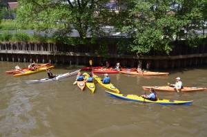 Urban kayakers on the Chicago River.