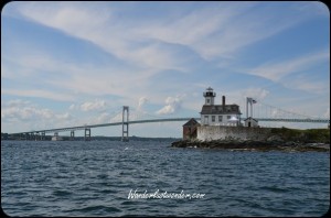 An old lighthouse and the bridge to the island.